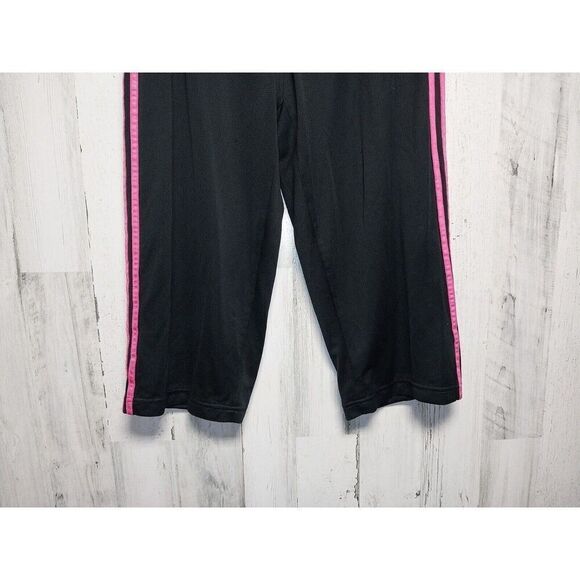 Women's Adidas 3 Stripe Black Pink Crop Pants Drawstring Pockets Large - Picture 2 of 8